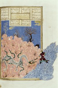 Gushtasp tötet den Drachen, Illustration aus dem Shahnama (Buch der Könige) von Abul-Qasim Manur Firdawsi (ca. 934-ca. 1020) ca. 1440-45 von Persian School