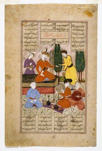 Illustrierte Seite aus dem Shahnamah, die Bahram Gur auf seinem Thron zeigt, umgeben von Höflingen in einem Garten, späte 17. Jahrhundert von Persian School