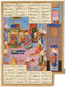 Illustration aus einem Safavid Shahnama: Alexander, verkleidet als Gesandter, wird von Königin Nushaba erkannt, Shiraz, Iran, 1650-1700