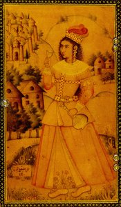Innenansicht eines Spiegelgehäuses, bemalt mit einer stilisierten europäischen Dame, die einen Weinkelch und eine Flasche hält, 17. Jahrhundert von Persian School
