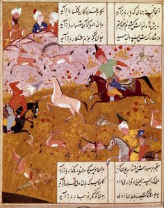 Islamische Kunst: Der König jagt Miniatur, die die Gedichte des persischen Dichters Hafez illustriert, persisches Manuskript. 1554 San Lorenzo de El Escorial, Königliche Bibliothek des Klosters von El Escorial, Madrid