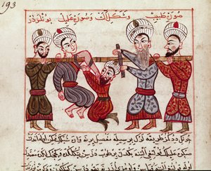 Medizin: orthopädischer Eingriff. Miniatur aus einer türkischen Medizinabschrift von Charaf-ed-din (1404-1468) nach „La Chirurgie Imperiale“ (Ms Sup Turk 693 fol. 193) 1466 Paris, B.N.