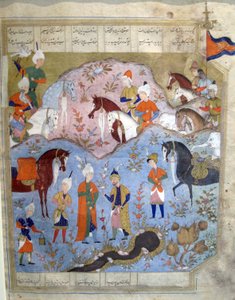 Treffen von Siyarvush und Afrasiyab aus dem Firdosi Shahnam, 1565-66 (Gouache mit Goldblatt auf Papier)