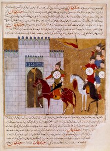 Mongolen belagern eine persische Festung, Miniatur aus „Jami al-tawarikh“ oder „Universalgeschichte“ von Historiker Rashid al-din von Persian School