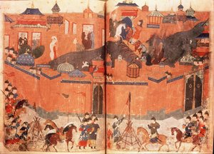 Ms.Sup.Pers.1113.f.180v-181 Mongolen unter der Führung von Hulagu Khan stürmen und erobern Bagdad im Jahr 1258, aus einem Buch von Rashid al-Din (1247-1318)