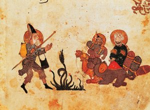 Ms Ar 3929 f.69, Abu Zayd verlässt al-Harith während der Pilgerreise nach Nordirak, aus Al Maqamat, (Die Treffen), illustriert von Hariri, zweites Viertel des 13. Jahrhunderts von Persian School