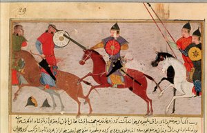 Ms Pers.113 f.29 Dschingis Khan (ca. 1162-1227) im Kampf gegen die Tartaren, aus einem Buch von Rashid-al-Din (1247-1318)