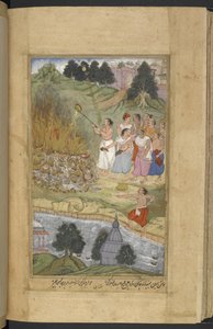 Arjuna verbrennt die Leichen nach der Schlacht zwischen den Andhakas und Yadavas in Prabhasa an der Küste von Gujarat. Ghee wird auf den Scheiterhaufen gegossen (Narayan) aus dem Razmnāmah (