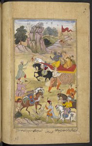 Suratha, zweiter Sohn von Raja Hamsadhvaja, fordert Arjuna und seinen Wagenlenker Krishna nach dem Tod seines Bruders Sudhanvan heraus, aus dem Razmnāmah (Buch des Krieges), Übersetzung des Mahabharata von Naqib Khan