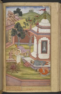 Candrahasa opfert sich im Tempel von Candika, indem er Stücke seines eigenen Fleisches abschneidet und ins Feuer wirft (Qabil ibn Maqbul) aus dem 