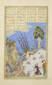 Der Simurgh bringt Zal zu Sam zurück, Illustration aus dem Shahnama (Buch der Könige), von Abul-Qasim Mansur Firdawsi (ca. 934-ca. 1020), 1444