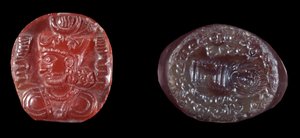Persische Kunst: Kamee von Kavadh I. (oder Qobad, Kobad, Kabad) (488-496 n. Chr.) König des zweiten Persischen Reiches und Achatstempel der Sassanidenzeit. 5. oder 6. Jahrhundert n. Chr. Paris, B.N. von Persian School