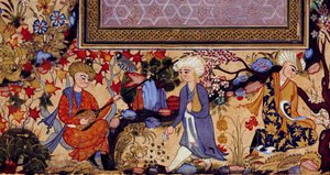 Persische Miniatur, die eine Unterhaltungsszene mit Musikern darstellt (Detail)