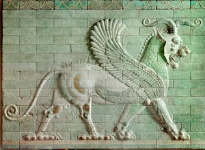 Persische Periode Rouenide: Flachrelief in emailliertem Ziegel, das einen Greif darstellt von Persian School