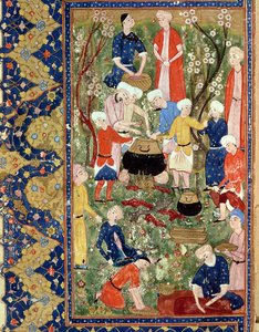 Zubereitung einer Mahlzeit, Illustration aus einem Epos von Hafiz Shirazi, Safavid von Persian School