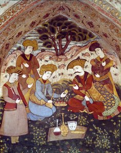 Darstellung von Abbas I. dem Großen, bedient von Kurtisanen (Detail eines Freskos) von Persian School
