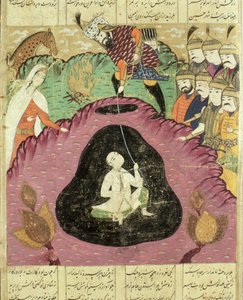 Rostam zieht Bijan aus der Höhle, Illustration aus dem Shahnama (Buch der Könige) von Abul-Qasim Manur Firdawsi