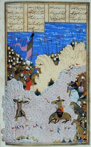 Rustam erschießt Ashkabus und sein Pferd, Illustration aus dem 