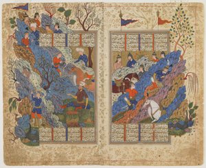 Rustam stößt den Felsen zurück, der von Bahman auf ihn gerollt wurde, aus einem Shahnama (Buch der Könige), ca. 1590-1600