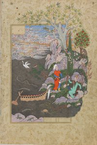 Salaman und Absal ruhen auf der glücklichen Insel, Folio aus einem Haft Awrang (Sieben Throne) von Jami (gest. 1492), wahrscheinlich Mashad, Khurasan, Iran, Safawiden-Dynastie, 1556-1565