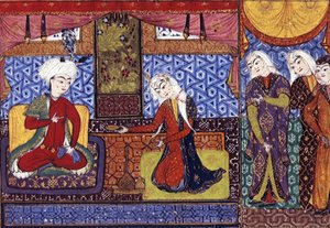 Shakar von Isfahan bietet Khusraw Wein an, ca. 1505