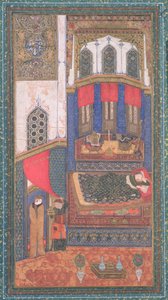 Tahmina kommt in Rustams Kammer, Illustration aus dem Shahnama (Buch der Könige), von Abul-Qasim Manur Firdawsi (ca. 934-ca. 1020), aus Herat, Afghanistan, ca. 1410 von Persian School