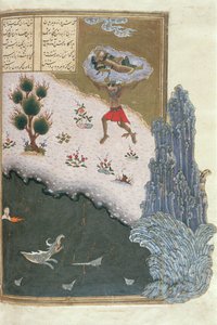 Der schlafende Rustam wird von dem Dämon Akwan durch die Luft getragen, Illustration aus dem Shahnama (Buch der Könige) von Abul-Qasim Manur Firdawsi (ca. 934-ca. 1020) ca. 1440-45 von Persian School