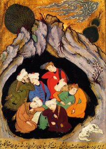 „Die schlafenden Sieben von Ephesus“ aus „Die goldene Legende“ von Jacobus (James) de Voragine (1228-1298). Xylographie des 16. Jahrhunderts. Persische Miniatur des Manuskripts „Geschichte der Propheten“, um 1550 von Persian School
