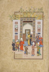 Der Säuglingszeuge bezeugt Yusufs Unschuld, Folio aus einem Haft Awrang (Sieben Throne) von Jami (gest. 1492), wahrscheinlich Mashad, Khurasan, Iran, Safawiden-Dynastie, 1556-1565