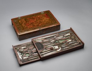 Werkzeugkasten, der die Heilige Familie darstellt, ca. 1830 (Mischtechnik)