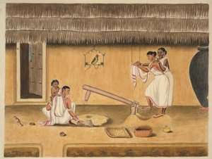 Frauen schälen Reis mit einem Dhenki, ca. 1840 von Persian School