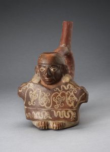 Steigbügel-Ausgussgefäß, das einen Mann zeigt, der einen verzierten Stoff hält, 100 v. Chr.-500 n. Chr. von Peruvian School