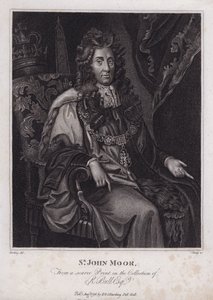 Sir John Moore, englischer Politiker, Abgeordneter und Lord Mayor von London (Stich) von Peter (after) Lely