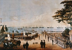Kommodore Perry landet in Japan, um die kaiserlichen Kommissare in Yokohama zu treffen, 8. März 1854