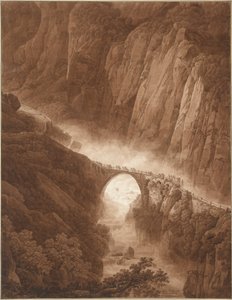 Die Teufelsbrücke in der Schöllenenschlucht auf dem Weg über den St. Gotthard Pass mit einem Maultierzug von Peter Birmann