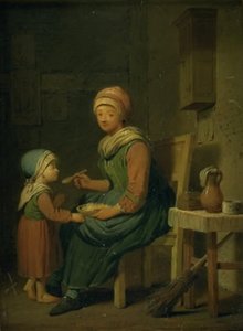 Eine Bäuerin, die ihrer Tochter etwas zu essen gibt
