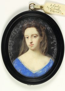 Eine Dame im blauen Mieder mit brauner Haube (Aquarell auf Pergament)