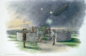Lodge Hill Batterie, Beschuss eines deutschen Zeppelins während des Ersten Weltkriegs, ca. 1910er, ca. 1980-2010 von Peter Dunn