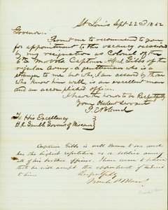 Brief unterschrieben P.E. Bland, St. Louis, an H.R. Gamble, Gouverneur von Missouri, 22. September 1862 von Peter E. Bland