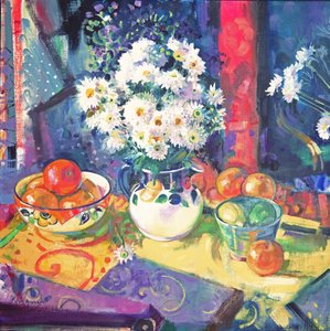 Blumen und Früchte in einer grünen Schale, 1997 von Peter Graham (Contemporary)