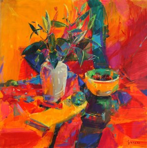 Lilien auf rotem Grund, 2012 von Peter Graham (Contemporary)