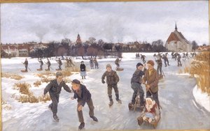Kinder beim Schlittschuhlaufen außerhalb von Fåborg von Peter Hansen