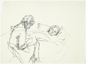 Kleines Mädchen liest einer Kranken vor (Künstlers Frau und Tochter) von Peter Hansen