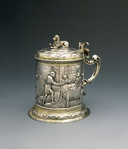 Krug, der Körper mit Jakob, der mit dem Engel ringt, und Abraham und Sarah, die der Dreifaltigkeit Gastfreundschaft gewähren, Danzig, ca. 1690