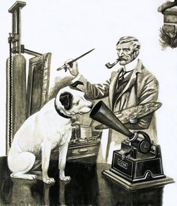 Künstler malt den Hund, der einem Grammophon zuhört von Peter Jackson