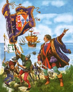 Christoph Kolumbus pflanzt das spanische Königliche Banner auf das neu entdeckte Land Amerika von Peter Jackson