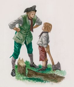 George Washington, nachdem er den Kirschbaum gefällt hat, mit seinem Vater