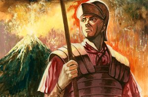 Römischer Soldat mit ausbrechendem Vesuv im Hintergrund
