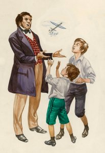 Die Gebrüder Wright als Jungen, beschenkt mit einem Spielzeugflugzeug von ihrem Vater
