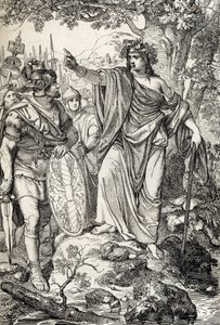 Feldzüge des Germanicus: „Nero Claudius Drusus Germanicus (38-9 v. Chr.) und seine Armee treffen eine junge Frau in den Regionen zwischen Weser und Elbe, um 12 v. Chr.“ (Eroberung Germaniens: römischer General Nero Claudius Drusus Germanicus und seine Arme von Peter Johann Nepomuck Geiger